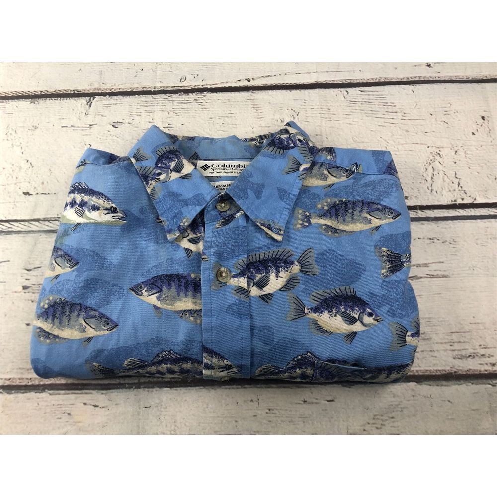Columbia Shirt Mens Large Blue Fish All Over‎ Print Button Short Sleeve Casual - Picture 11 of 11